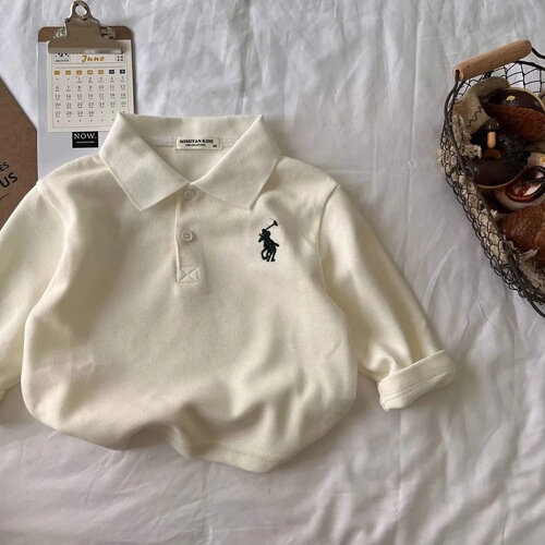 Spring and autumn new children's polo shirts for boys and girls embroidered lapels long-sleeved loose T-shirts street-level bottoming baby tops