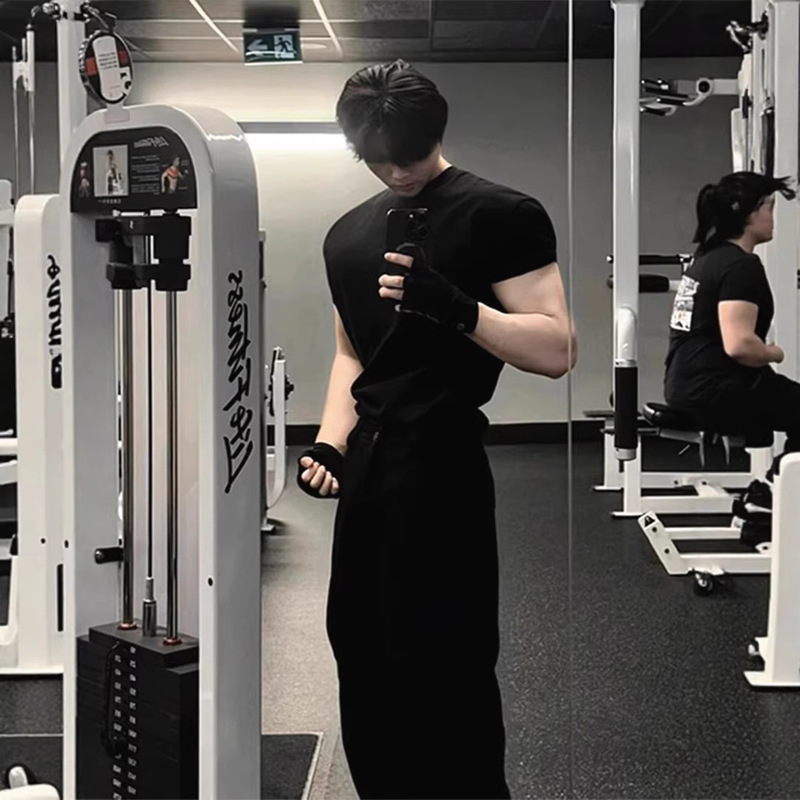 Liquid Ammonia Ice Silk Cotton T-Shirt for Muscular Men, Tight-Fitting Elastic Short-Sleeve, Regular Shoulder, Narrow Waist, Slimming, Quick-Dry Sports Shirt, Trendy Liquid Ammonia Ice Silk Cotton T-Shirt for Muscular Men, Tight-Fitting Elastic Short-Sleeve, Regular Shoulder, Narrow Waist, Slimming, Quick-Dry Sports Shirt, Trendy