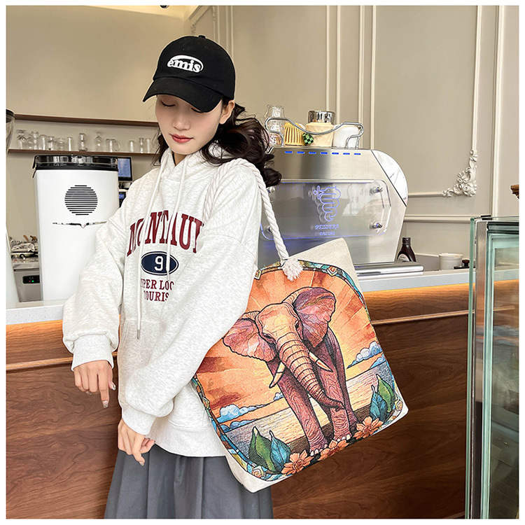 300g Weight Polyester Lining Material Zipper Closure Type Single Shoulder Strap Strap Type Tote Bag Bags Type Holiday, Travel Occasion Canvas Material Elephant Pattern All Seasons Season Women's Gender Ethnic Style, Classic Style Style Square Shape Medium Size Women's Medium Canvas Elephant Ethnic Style Classic Style Square Zipper Tote Bag 15