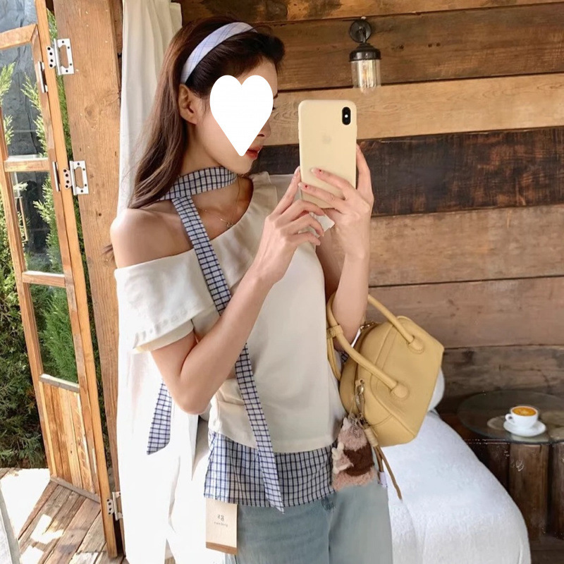 卸売 [40番手レーヨン260グラム] イレギュラーオフショルダー半袖Tシャツ レディース 夏 チェック柄 スプライシング スリム オフショルダー|undefined