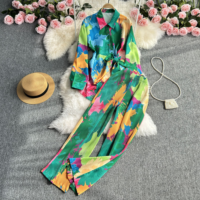 Women's Clothing Fashion suit women's casual loose long sleeved single breasted shirt two piece set high slimming tie dye printed wide leg pants_voghion.com