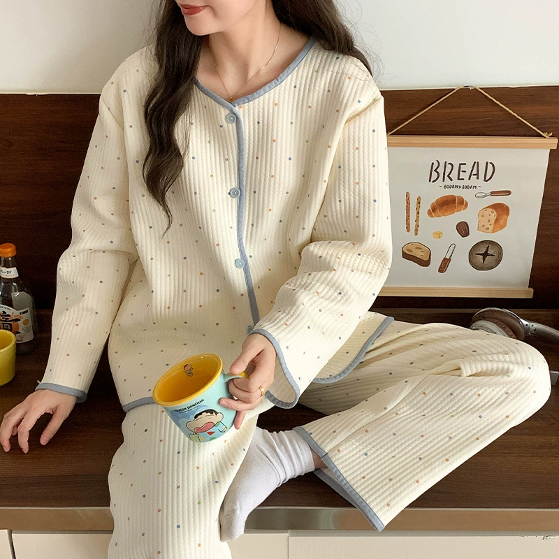 Пижама женская осень и зима утолщенные воздушные хлопчатобумажные сэндвич с длинными рукавами 2024 новый ватный набор весной и осенью