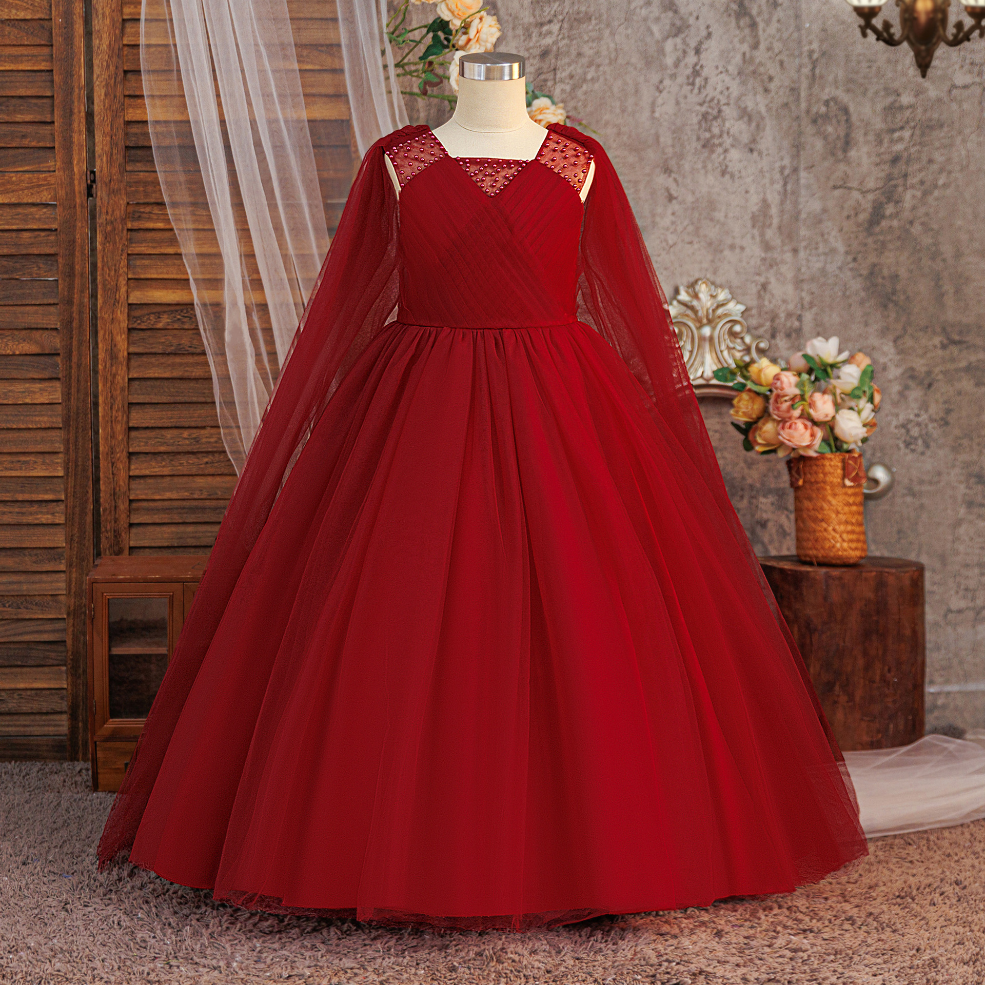 Amazon nuevas niñas con cuentas de clavos de encaje princesa falda de malla de abrigo vestido vestido vestido de niños