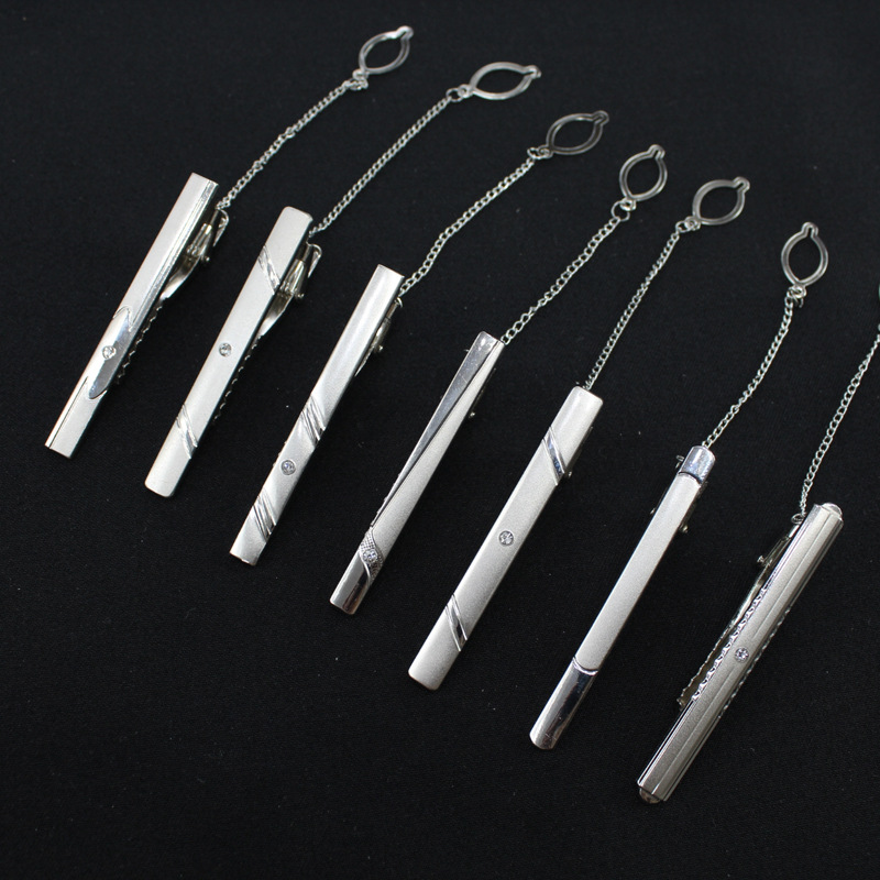 Formal Men's Silver Tie Clip Business Fashion Metal Tie Clip Diamond Pin Clip Tie Chain Hanging Chain K-Style