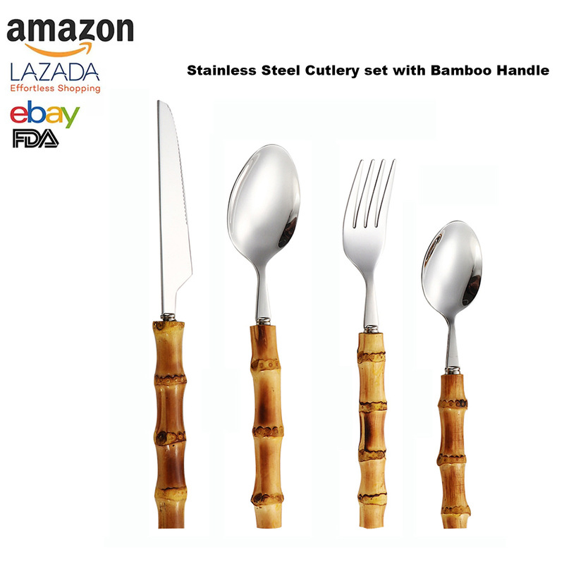 Cross-Border Hot-Selling Natural Bamboo Stainless Steel Tableware Real Bamboo Spoon Western Food Knife, Fork and Spoon Wooden Handle Tableware Set