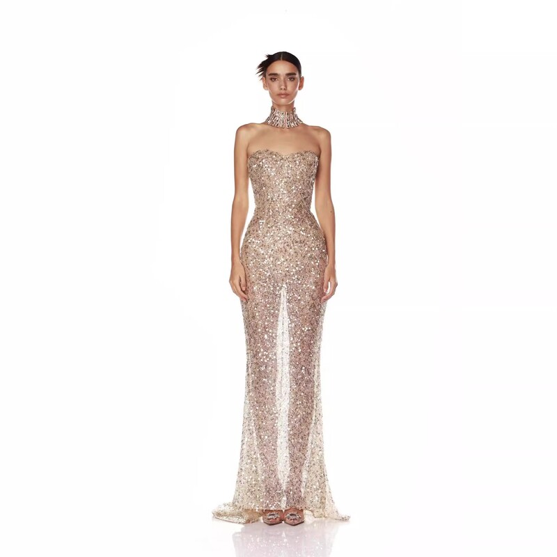 Evening Dress New High-End Gold Tube Top Dress Light Luxury Elegant Banquet Shiny Fishtail Dress Long Skirt Evening Dress New High-End Gold Tube Top Dress Light Luxury Elegant Banquet Shiny Fishtail Dress Long Skirt