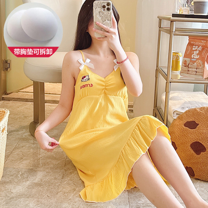Pijama de cabina de verano nuevo con cojín de pecho de algodón dulce lindo simple pijama casero vestido al por mayor comercio exterior