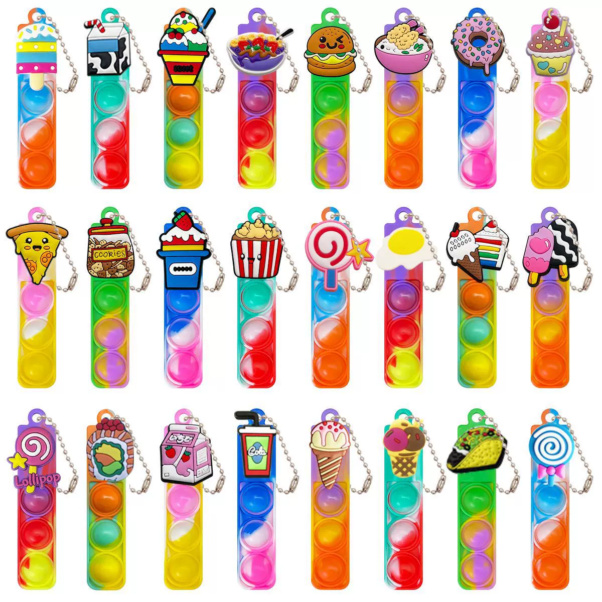 跨境灭鼠先锋迷你钥匙扣diy食物系列硅胶长条解压玩具手指泡泡乐