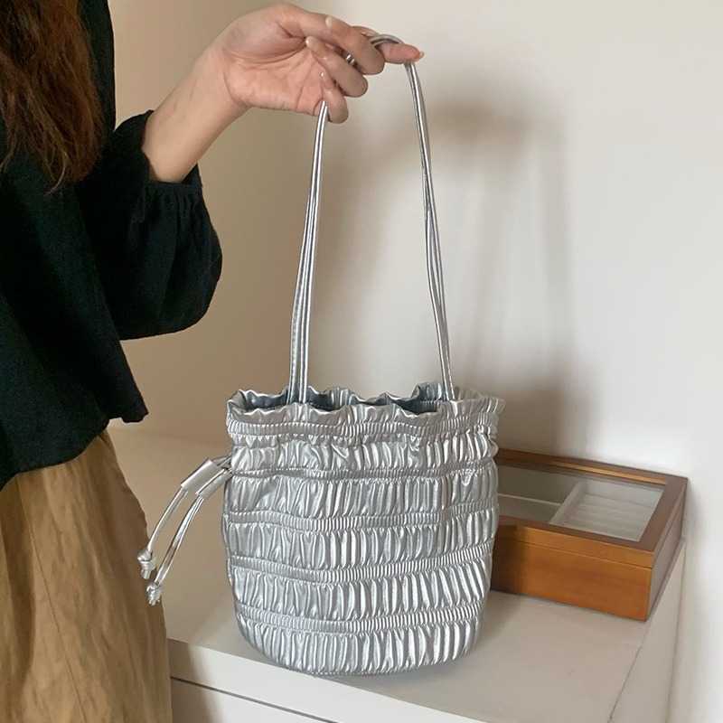 Korean INS niche design, gentle soft leather pleated drawstring bucket bag, one shoulder fashionable texture, silver_voghion.com