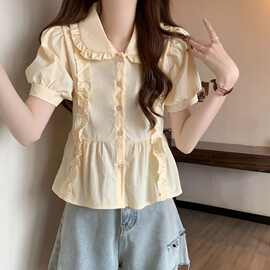 法式甜美娃娃领短袖衬衫女2026夏季新款泡泡袖收腰显瘦设计感上衣