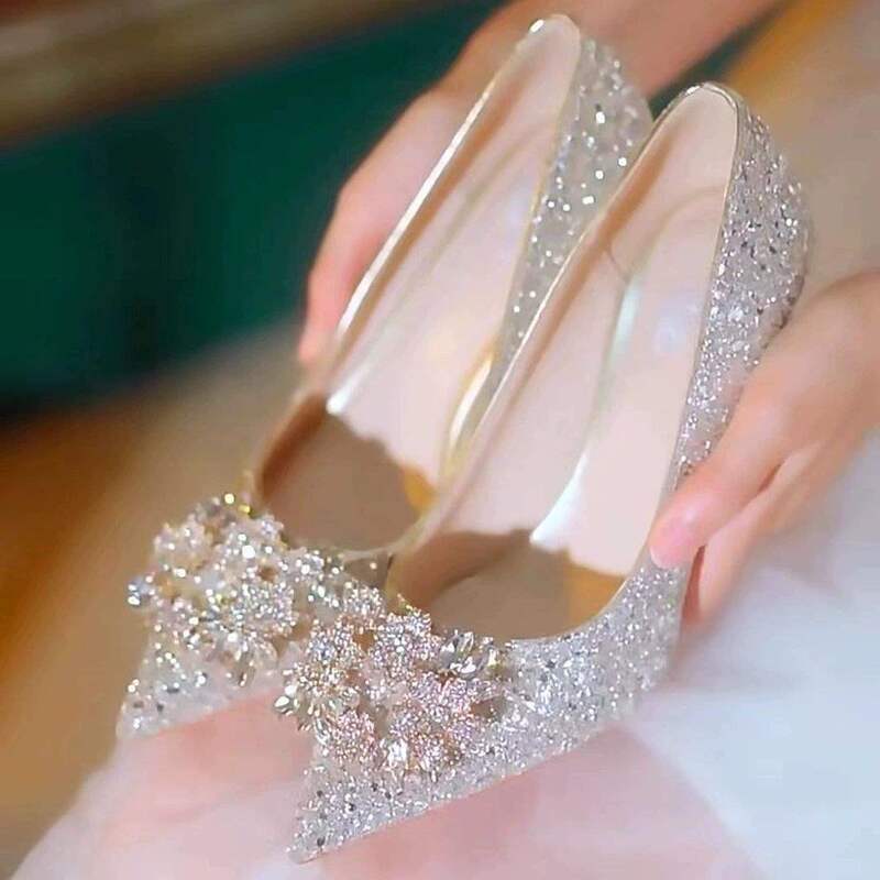 French Sequin Crystal Diamond Wedding Shoes Engagement Wedding Dress Xiuhe Banquet Bridesmaid Bride Shoes Banquet Non-Tiring High Heels