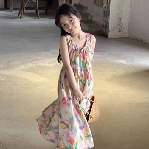 Bodysuit Dress 2025 Summer Middle-Size Girls' Oil Painting Style Large Flower Long Dress Summer Vacation Style Long Skirt