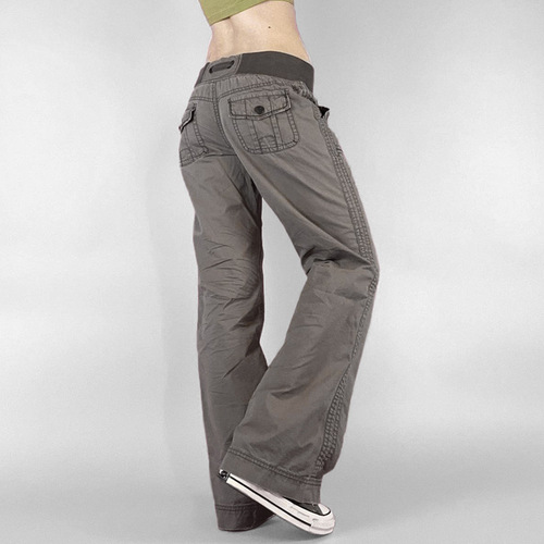 Euro-American style, trendy women's streetwear skinny-fit, figure-flattering workwear long pants—straight-leg, wide-leg, low-rise casual denim with stylish tie details.