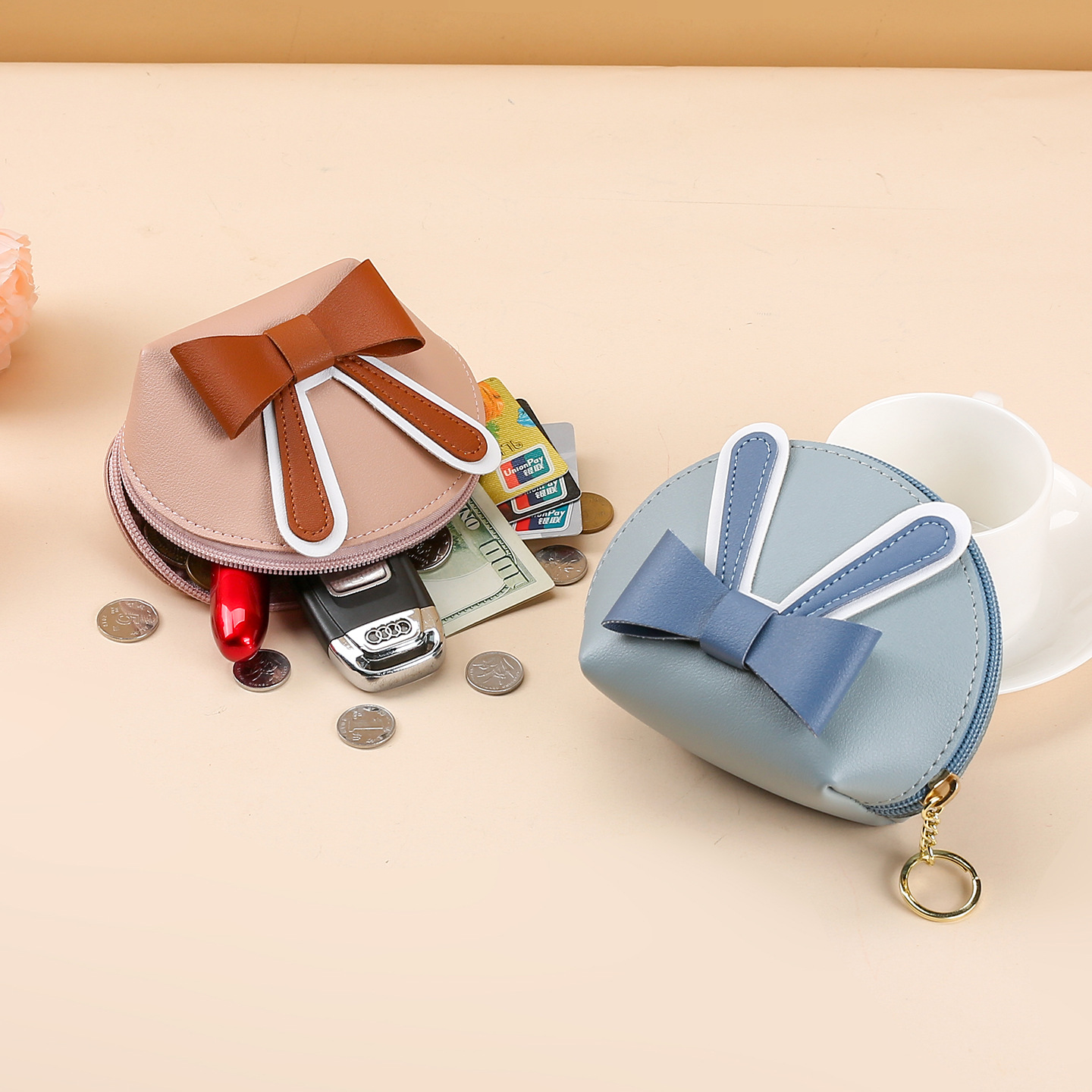 Botón de arco PU piel mini billetera nuevo lindo bolso de monedas de estudiantes llaveras con cremallera pequeña bolsa de cambio