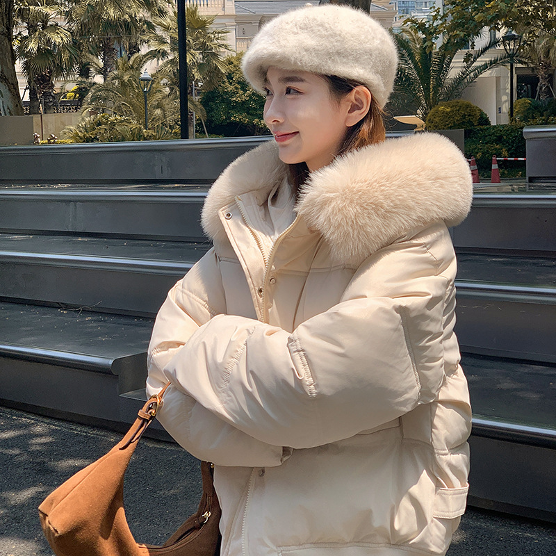 Big fur collar 2024 winter new Korean version loose short clothing cotton women's hooded thickened Down jacket_voghion.com