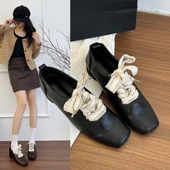 牛皮版！复古文艺方头小皮鞋设计感粗跟前系带外穿气质厚底单鞋女