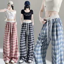 2025夏新款冰丝格子裤女蕾丝抽绳阔腿裤垂感松弛慵懒风宽松直筒裤