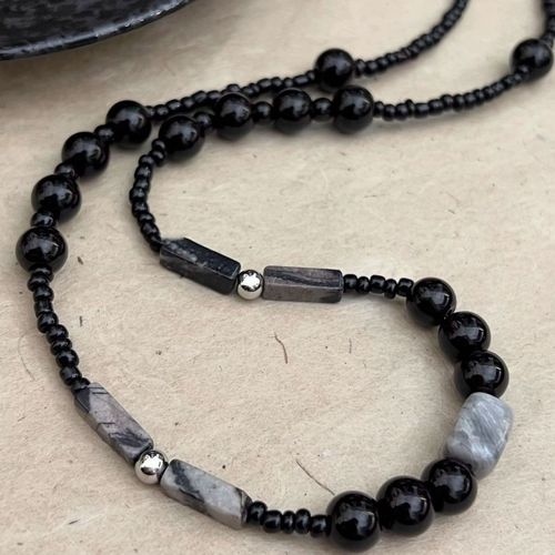 New Chinese original design natural stone splicing black beaded necklace boys trendy cool niche personality anti-fading