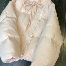 大码粉嘟嘟甜系蝴蝶结印花棉服女冬季超好看短款面包服外套潮