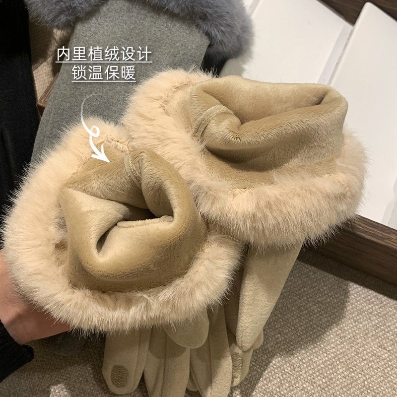 名媛千金风轻奢德绒仿兔毛手套女冬季加绒保暖防寒可触屏气质手套|undefined
