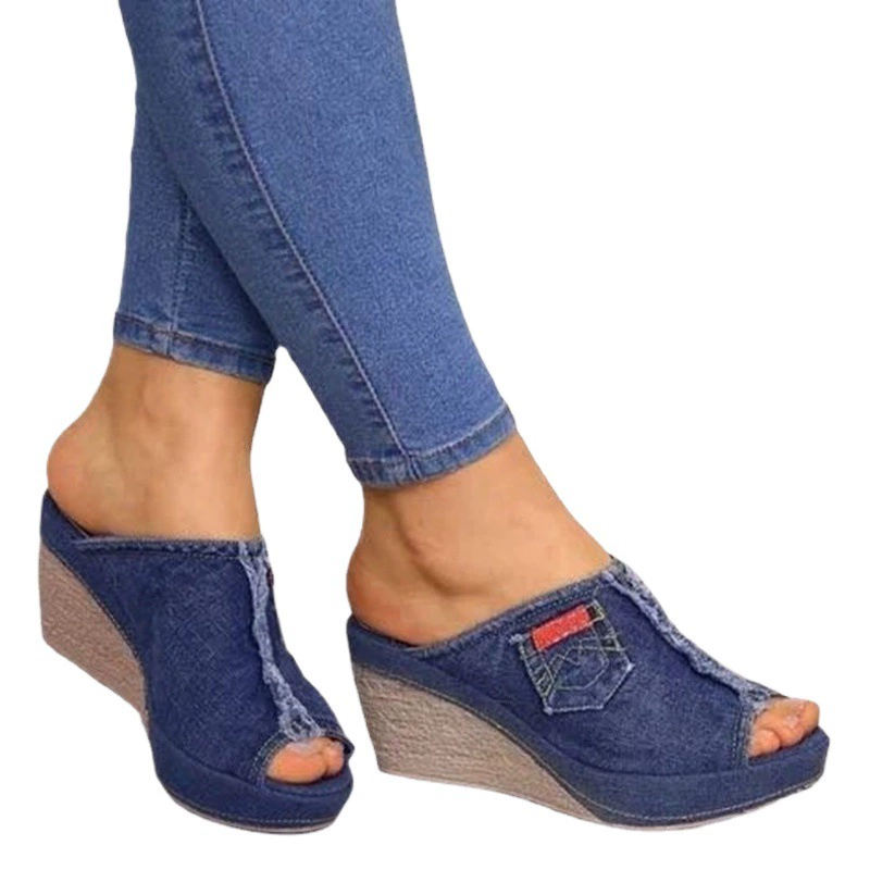 Лето 2024, трансграничные новые поставки экспортного стиля, джинсовые сандалии и тапочки на высоком каблуке, на танкетке, большой размер 35-43, оптовая продажа