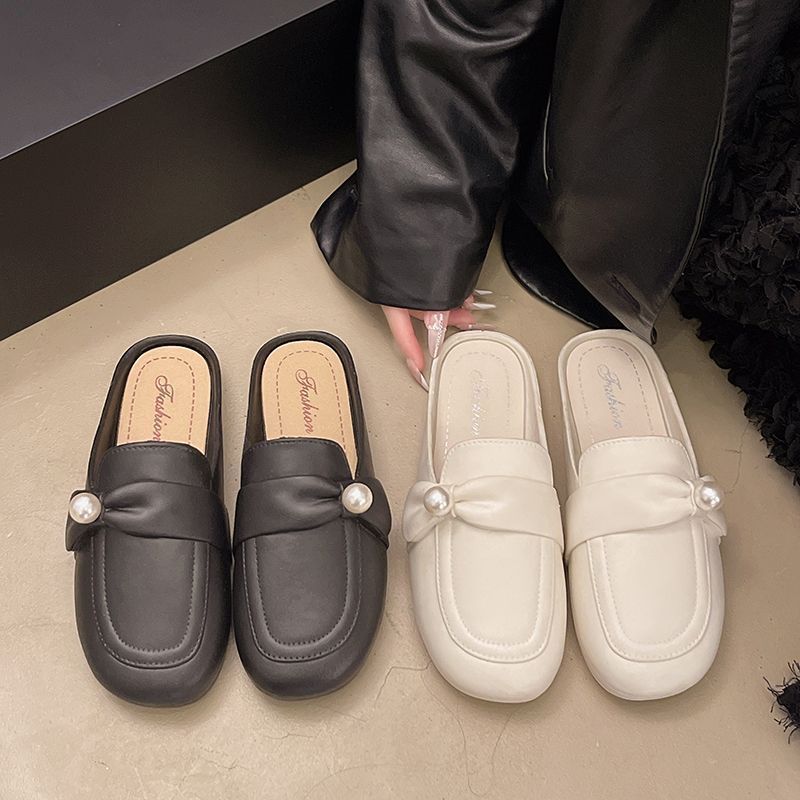 round toe half all-match red korean women‘s flat pearl women‘s flat spring sandals closed toe comfortable wholesale net new shoes