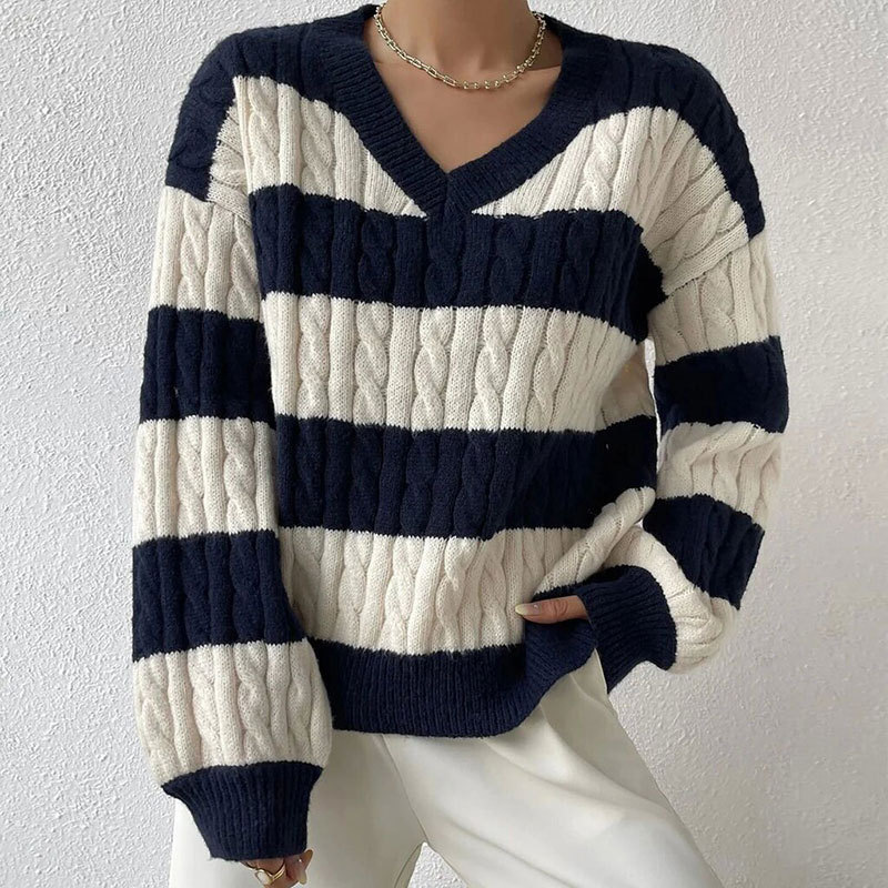 Women's Clothing autumn and winter sweater all match pullover V neck long sleeved twisted striped contrast color knitted sweater_voghion.com