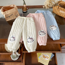 【现货】女童加绒童裤2025秋冬贴布猫咪条格纹加绒保暖裤QK252190