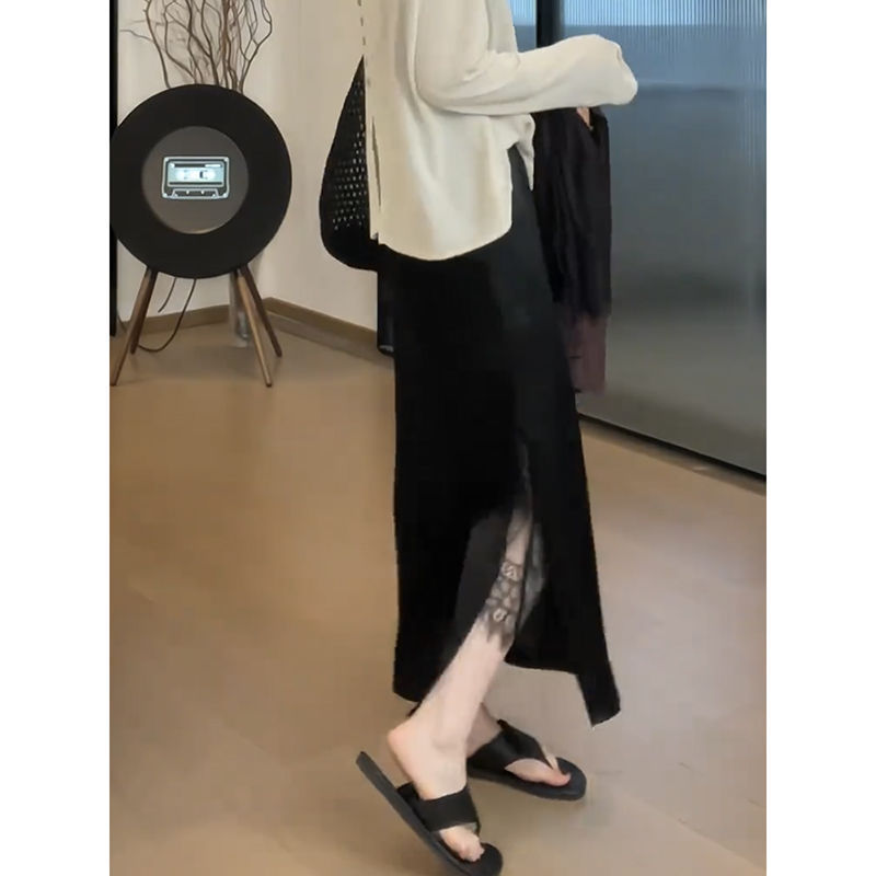 Acetic Acid Skirt Women's Summer Thin High Waist Slimming A- Line Skirt Lace Stitching Split Elegant Mid-Length Skirt Acetic Acid Skirt Women's Summer Thin High Waist Slimming A- Line Skirt Lace Stitching Split Elegant Mid-Length Skirt