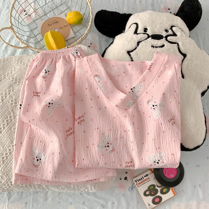 Vietnam transfronterizo transmisión en vivo estilo caliente verano con cuello en V nube pijamas de algodón pantalones de manga corta para mujer traje de servicio a domicilio para estudiantes de dibujos animados