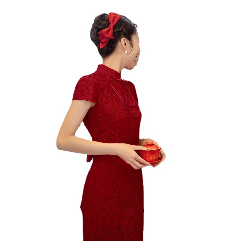 Rojo mejorado cheongsam tostada vestido nupcial boda Vestido de noche de las mujeres de estilo chino largo adelgazamiento sin respaldo fuera de la Corte banquete image 5
