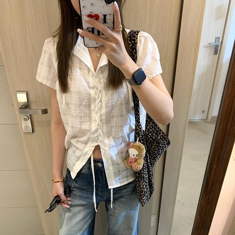 韩系白色肌理感短袖衬衫女夏季设计感小众绑带衬衣感气质上衣|undefined