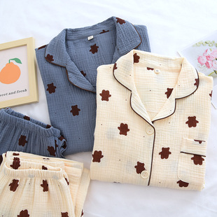 Couple Pajamas Spring and Autumn Women's Cotton Double-layer Crepe Spring and Summer Thin Long-sleeved Men's Casual Home Suit