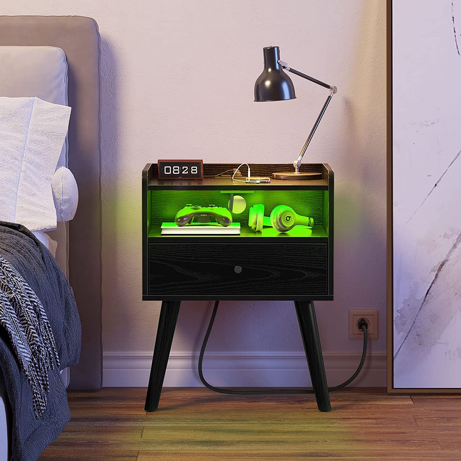 Modern simple Amazon bedside table with charging stations and LED…