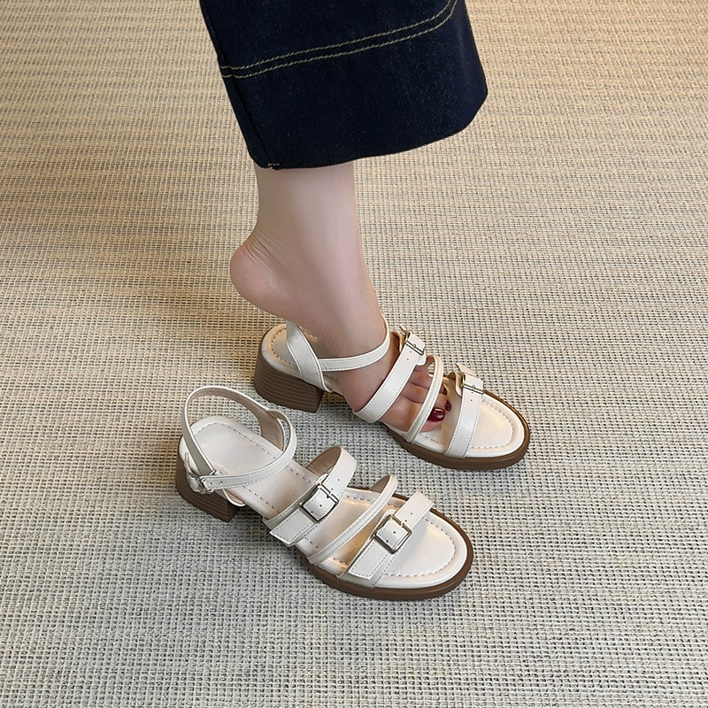 Пятые сандалии на толстом каблуке женские летние новые римские туфли с тонкими ремешками