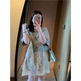 夏季大码拼接蕾丝连衣裙女东大门短袖T恤假两件直筒裙胖mm中长裙