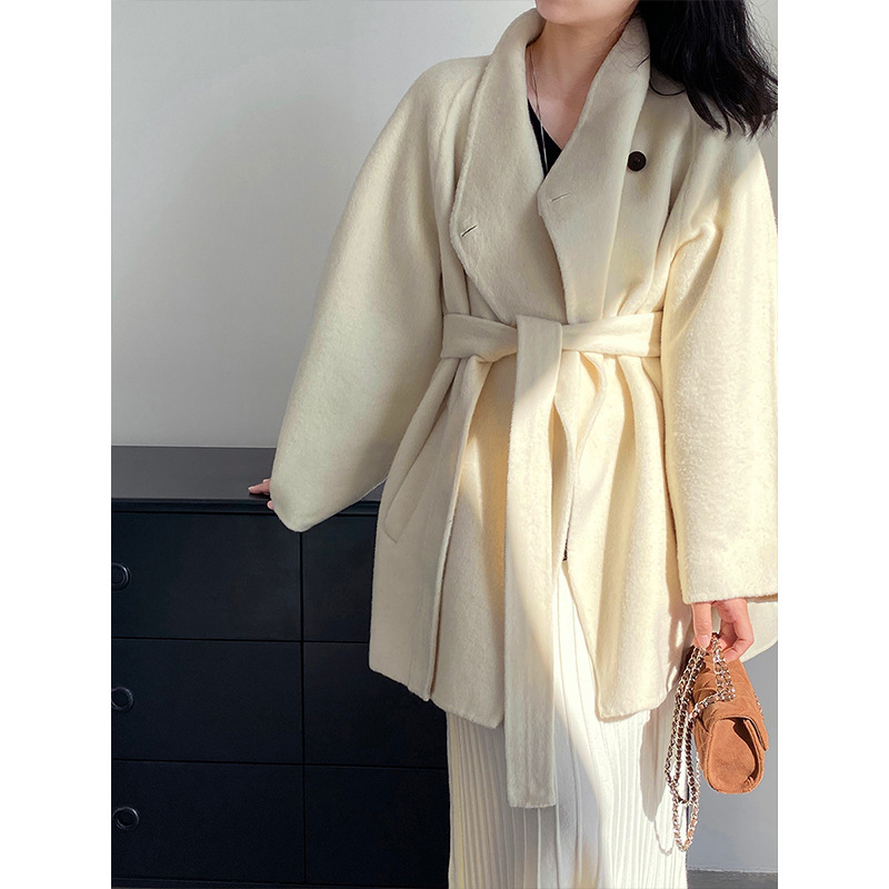 Jiangzuo Elegant Mid-Length Lace-Up Wool Outwear Double-Sided Woolen Outwear for Women 25 Winter Alpaca J8801