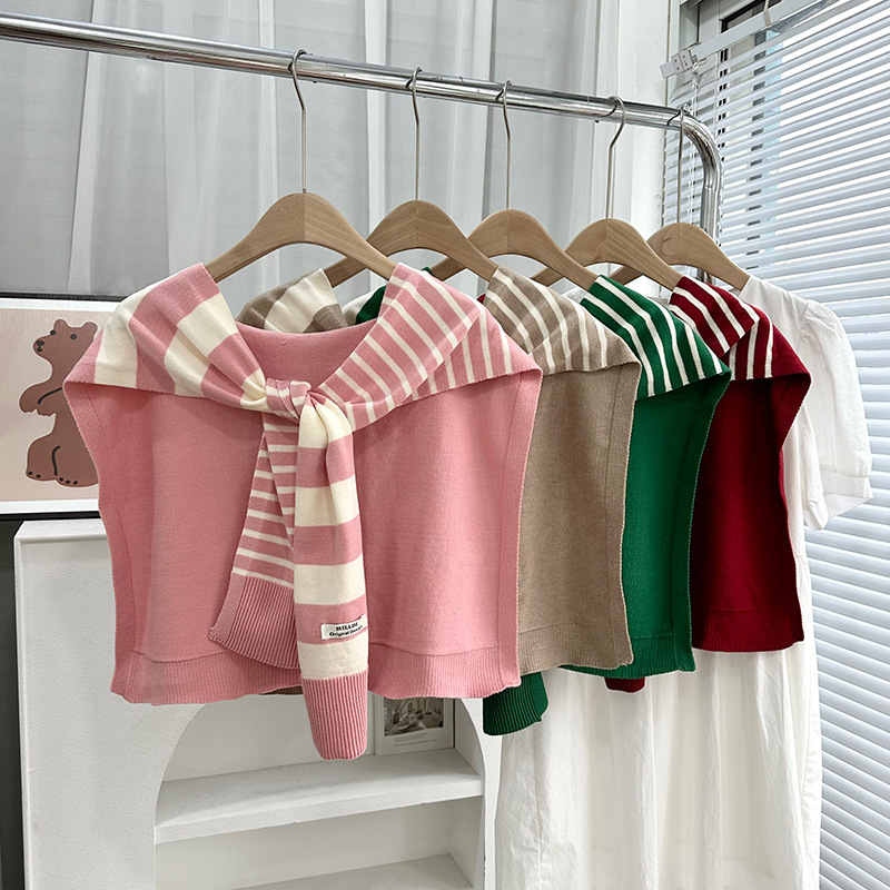 Primavera y otoño tejido a rayas cruzadas pequeñas sopales de cuello decoración delgada hombro de collar falso cardigan nudo