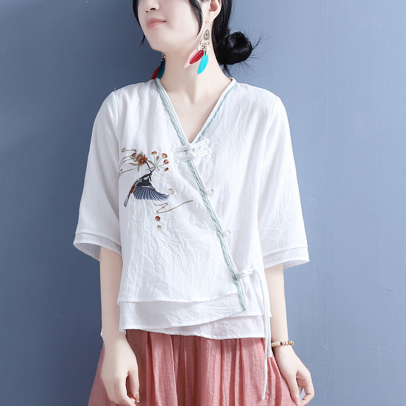 Summer Cotton and Linen Flying Bird Flower Embroider V Neck Diagonal Bead Button Mid-sleeve Top Women's Chinese Style Retro Tea Clothing Small Shirt