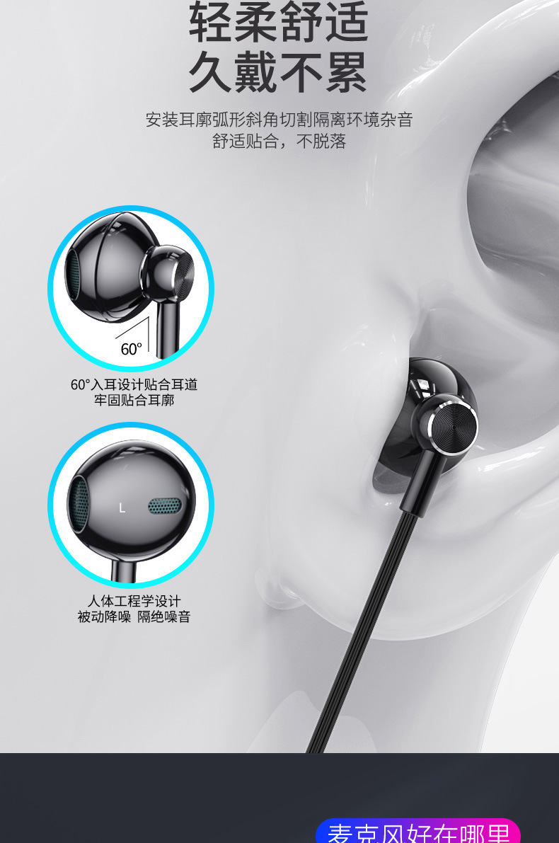 Key-controlled ear-return wired headphones suitable for live karaoke streaming, binaural flat-ear headphones with wire control for gaming and music
