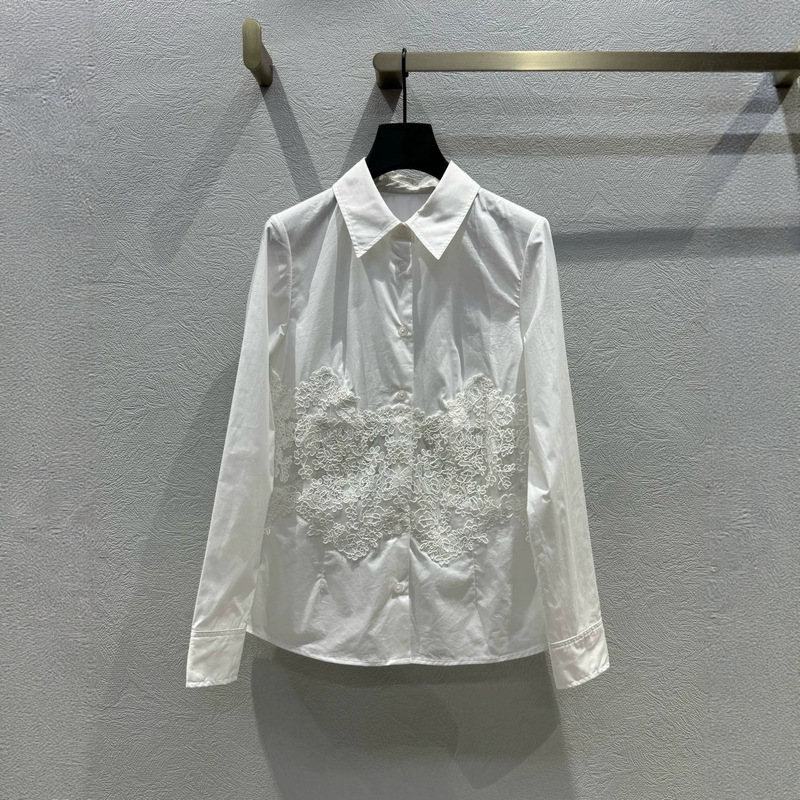 New Autumn/Winter Old Money Style Water-Soluble Lace Embroidered Waist-Cinching White Shirt