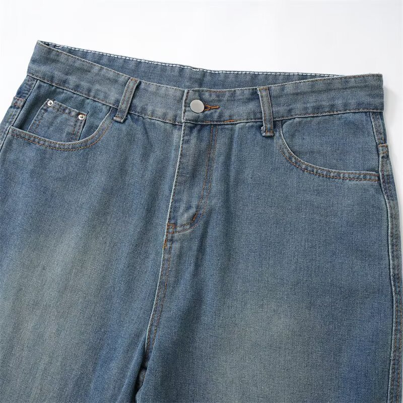 Unisex Vintage Workwear Jeans – Distressed Denim With Utility Pockets (S-XXXL, Classic Blue Wash)_mkmklike.com