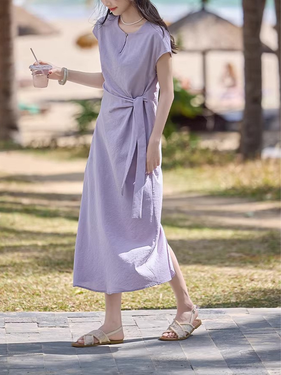 Đầm suông nữ midi tay ngắn ren-up thắt lưng phong cách Pháp thanh lịch — Xanh tím
