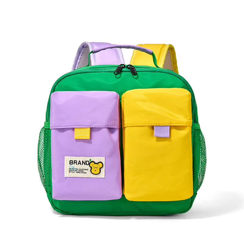 Jardín de infantes, mochila de niños de clase media y pequeña, caricatura, oso, color contrastante, empalme, mochila para niños, nueva mochila para niños