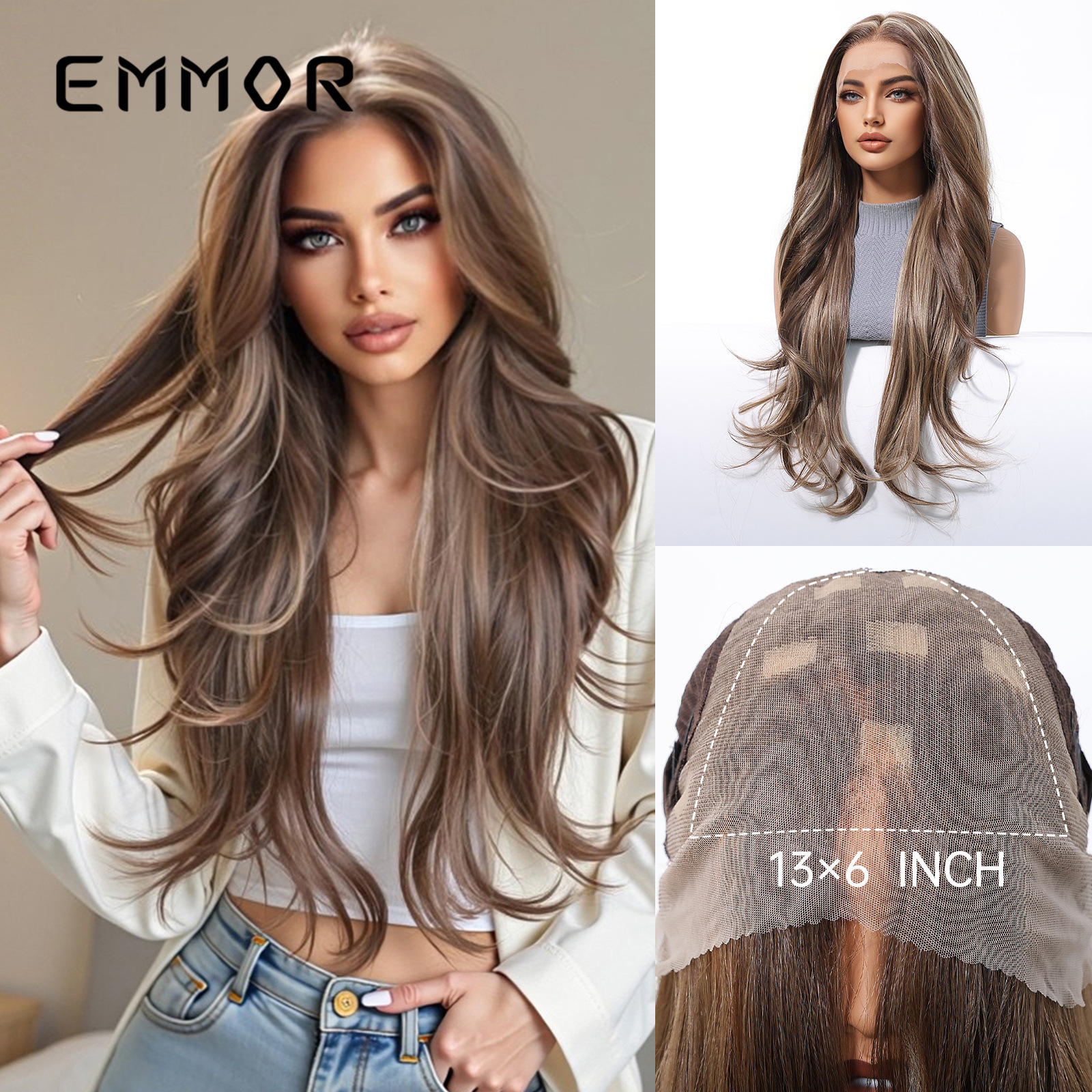 Venta caliente transfronteriza 13*6 pelucas de encaje de gran superficie de la fábrica femenina Spot marrón claro, corte de pelo largo y rizado, realista y transpirable