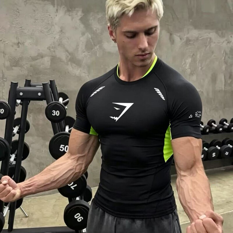 Gymshark Shark Summer Quick-Drying Short-Sleeved Men's Fitness Tights Sports Breathable Sweat-Wicking Running Compression Tops