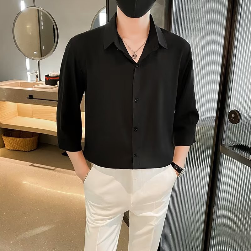 Solid color short-sleeved shirt men's summer loose draping ruffle handsome casual ice silk shirt trendy all-match half-sleeve coat