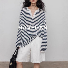 与间HAVEGAN/设计感v领亚麻条纹长袖T恤女夏季防晒薄款度假风上衣