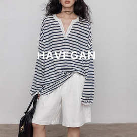 与间HAVEGAN/设计感v领亚麻条纹长袖T恤女夏季防晒薄款度假风上衣