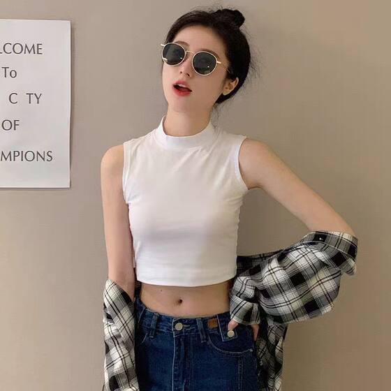 Small High Collar Sleeveless Camisole Women's 2024 New Style Outer Wear Short High Waist Middle Collar Strap Black Top